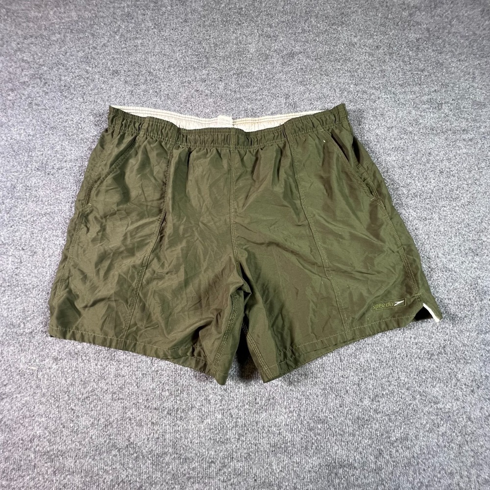 Speedo Board Shorts Men 2XL Olive Green 7" Inseam Mesh Lined Pockets Swim Trunks
